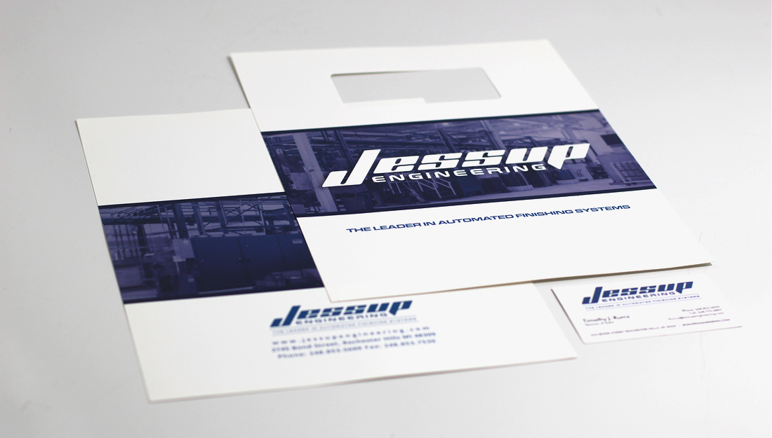 Jessup Engineering Inc. folder with die-cuts and business card design